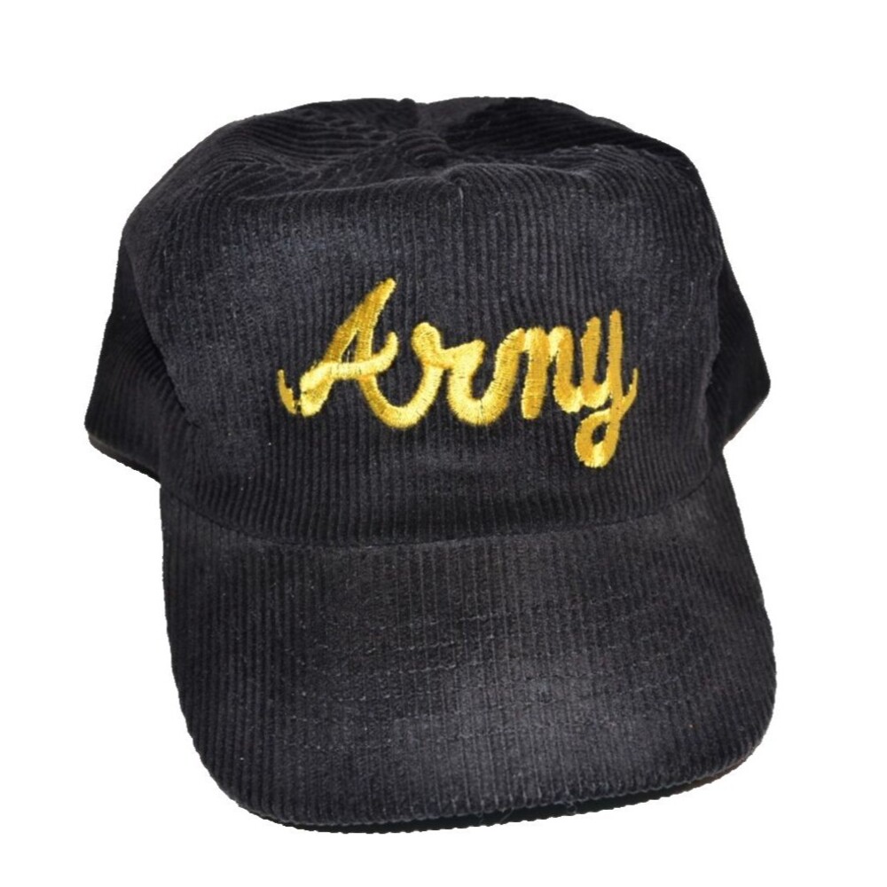 Vtg Army Black Hat Cap Corduroy Script 90s Y2K Adjustable Strap Back
